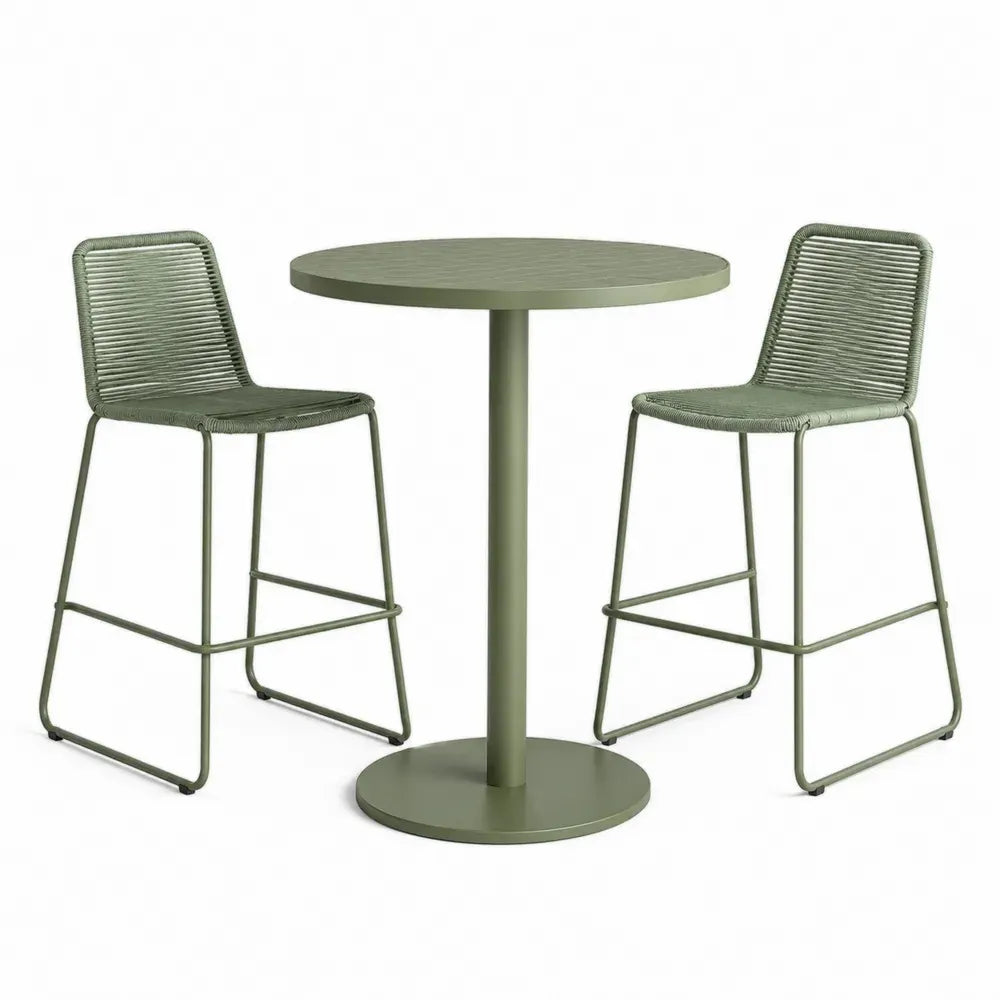 Gartenbar Set 3-teilig mit rundem Bartisch und 2 Barstühlen Stahl PE-Seilgeflecht Olivgrün Tisch Ø 70 x 105 cm Stuhl 48 x 55 x 105 cm