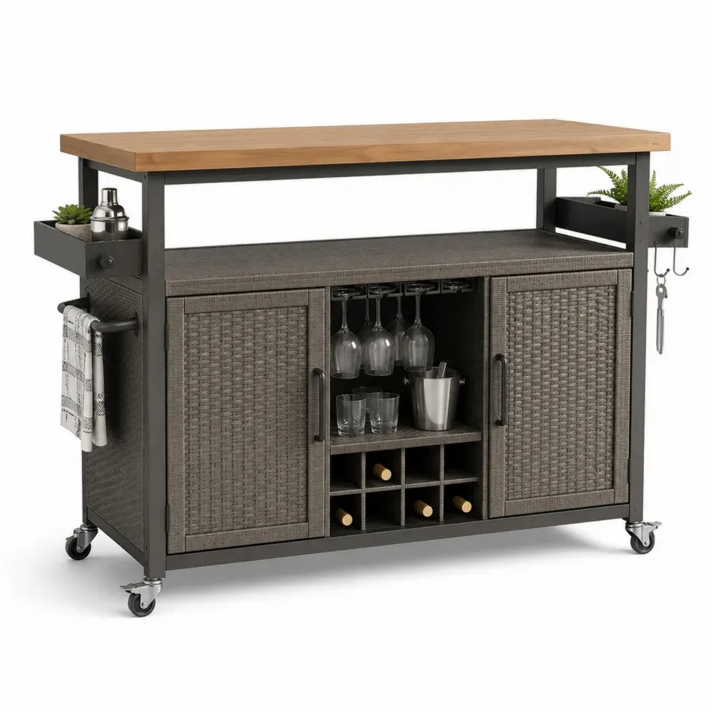 Fahrbarer Gartenbarwagen mit Akazienholzplatte PE-Rattan Stahlgestell Rollen Naturbraun Grau Schwarz 132 x 52 x 96 cm