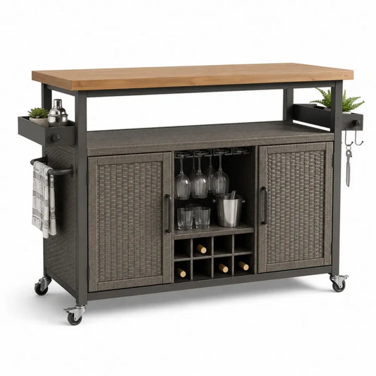 Fahrbarer Gartenbarwagen mit Akazienholzplatte PE-Rattan Stahlgestell Rollen Naturbraun Grau Schwarz 132 x 52 x 96 cm