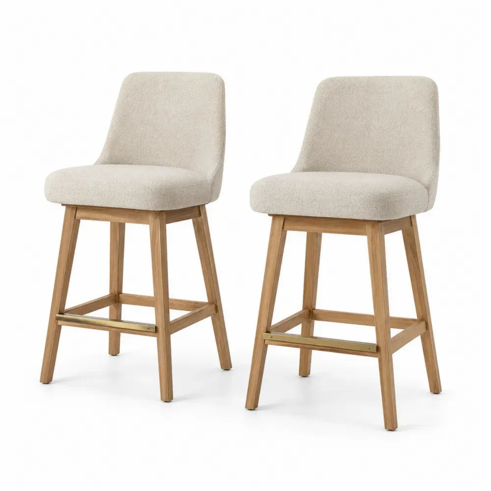 2er Set Barhocker mit Rückenlehne 50 x 55 x 95 cm Polyester Bouclé Kautschukholz Fußstrebe beige naturholz goldfarben schwarz