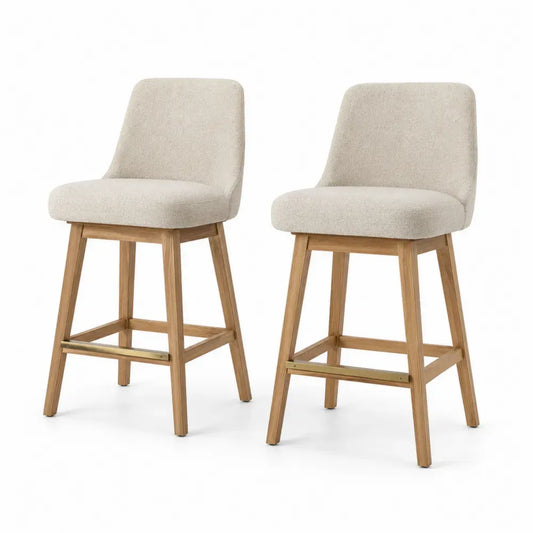 2er Set Barhocker mit Rückenlehne 50 x 55 x 95 cm Polyester Bouclé Kautschukholz Fußstrebe beige naturholz goldfarben schwarz