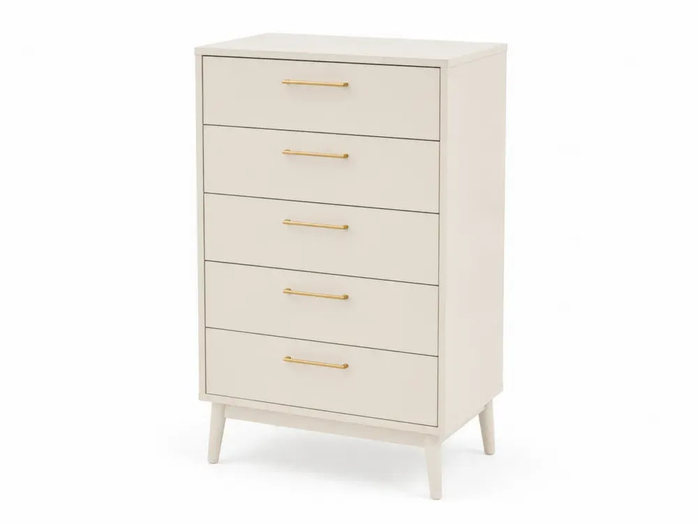 Kommode mit 5 Schubladen 76 x 40 x 112 cm MDF Kautschukholzbeine rechteckig Creme Goldfarben