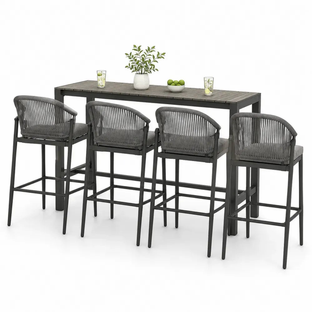 Rechteckiges Gartenbar Set 5-teilig mit Bartisch und 4 Barhockern Aluminium WPC Seilgeflecht Grau Dunkelgrau 180 x 60 x 105 cm