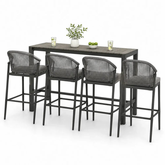 Rechteckiges Gartenbar Set 5-teilig mit Bartisch und 4 Barhockern Aluminium WPC Seilgeflecht Grau Dunkelgrau 180 x 60 x 105 cm