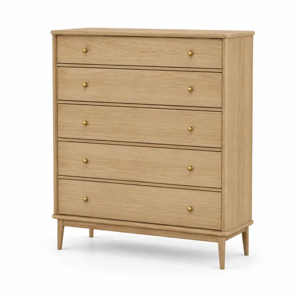 Kommode mit 5 Schubladen 80 x 40 x 110 cm melaminbeschichtete Holzspanplatte Eiche-Dekor Naturfarben Goldfarben