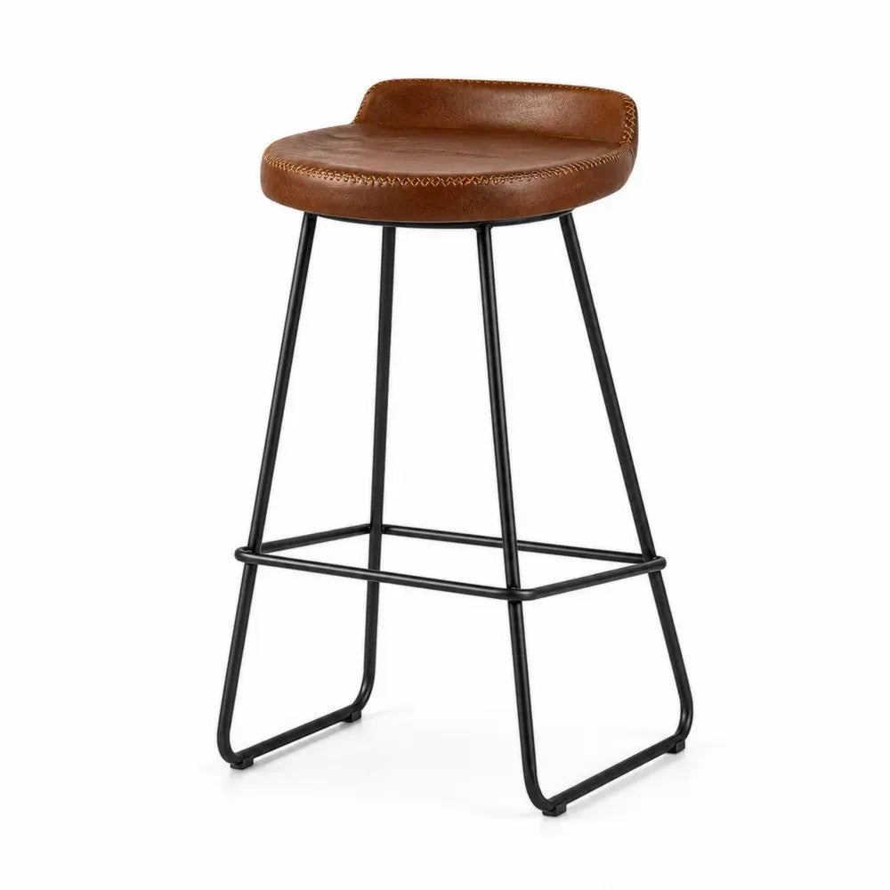 Barhocker rund mit niedriger Rückenlehne 45 x 45 x 87 cm PU Kunstleder Stahl Kufenrahmen cognacbraun schwarz