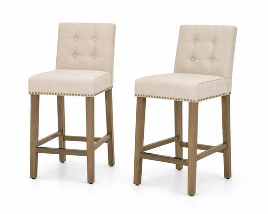 2er Set Barhocker Thekenstuhl 45 x 52 x 108 cm Polyestergewebe Kautschukholz Knopfheftung beige naturholz bronzefarben schwarz