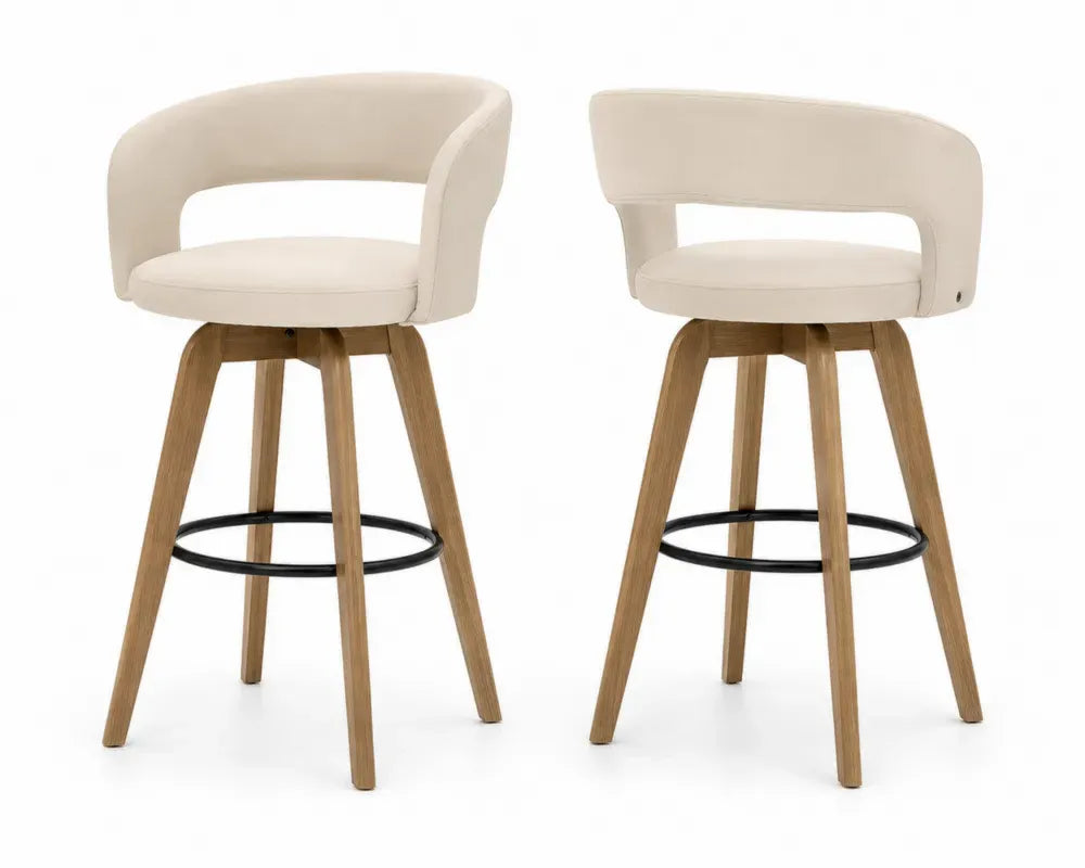 2er Set Barhocker drehbar mit Rückenlehne 54 x 52 x 94 cm Polyestergewebe Kautschukholz runde Sitzfläche beige naturholz schwarz