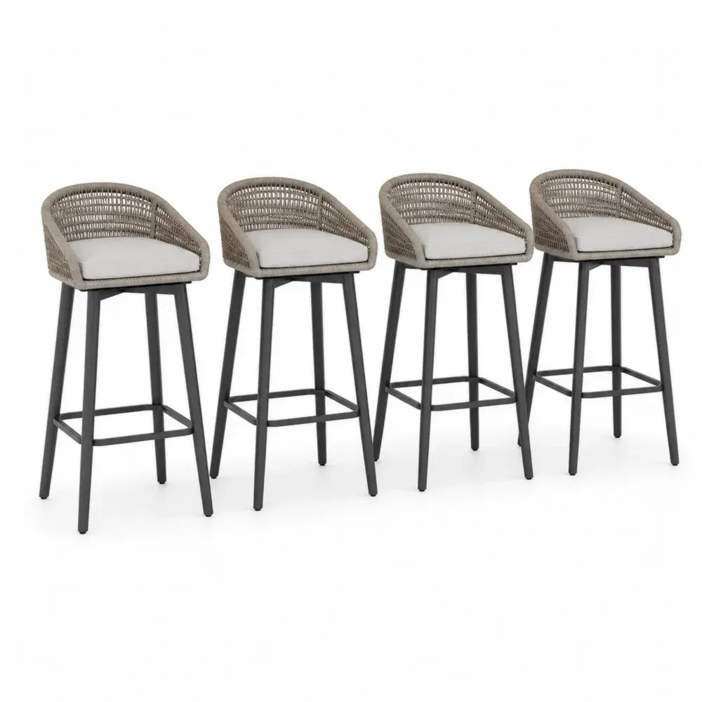 4er Set Gartenbarhocker mit Rückenlehne PE-Rattan pulverbeschichtetem Stahlgestell Sitzkissen halbrund Grau Hellgrau Schwarz 56 x 55 x 105 cm
