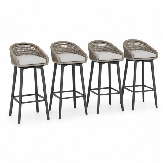 4er Set Gartenbarhocker mit Rückenlehne PE-Rattan pulverbeschichtetem Stahlgestell Sitzkissen halbrund Grau Hellgrau Schwarz 56 x 55 x 105 cm