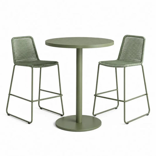 Gartenbar Set 3-teilig mit rundem Bartisch und 2 Barstühlen Stahl PE-Seilgeflecht Olivgrün Tisch Ø 70 x 105 cm Stuhl 48 x 55 x 105 cm