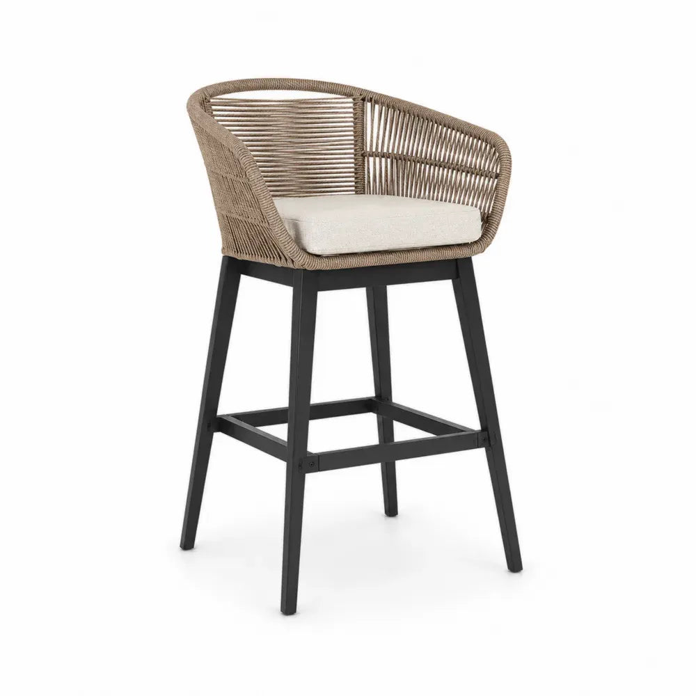Gartenbarstuhl mit Armlehnen und Sitzkissen PE-Rattan Stahlgestell halbrund Taupe Beige Schwarz 55 x 58 x 105 cm