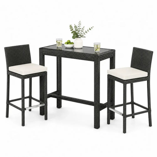 3-teiliges Gartenbar Set mit Stehtisch 2 Barhockern PE-Rattan Stahl Glas rechteckig Schwarz Cremeweiß Chromfarben 120 x 60 x 105 cm