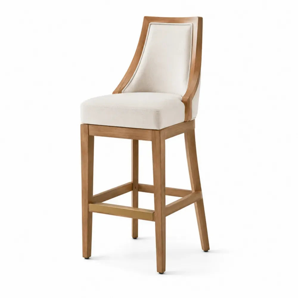 Barhocker gepolstert mit Rückenlehne 46 x 54 x 108 cm Polyestergewebe Kautschukholz Fußstrebe beige naturholz goldfarben schwarz