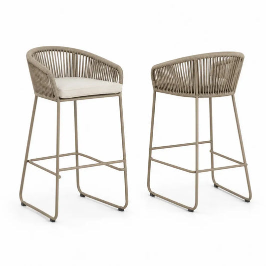 Gartenbarhocker 2er Set mit Armlehnen PE-Seilgeflecht Stahlgestell Sitzkissen Taupe Beige 56 x 58 x 106 cm